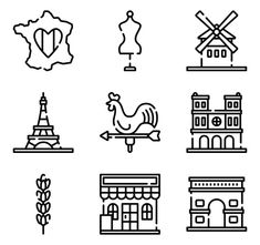 black and white icons depicting different types of buildings, windmills and other things that can be found in the city