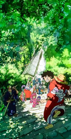 an anime scene with people in the woods