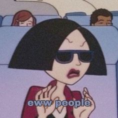 an animated image of a woman with sunglasses on her face and people in the background