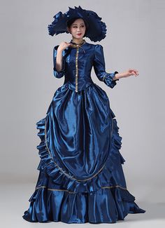 19th Century Dress Victorian Era, Edwardian Masquerade, Lady In Waiting Dress, Crystal Outfit, Blue Victorian Dress, Navy Blue Ball Gown, Masquerade Ball Dresses, Masquerade Party Dresses, Bustle Dresses