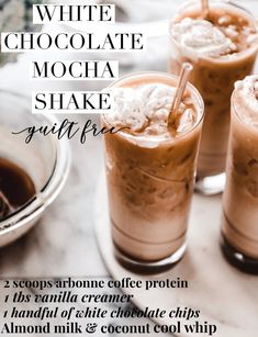 three glasses filled with chocolate mocha shake