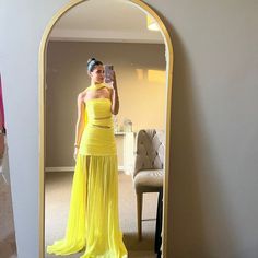 Holiday Fits, Yellow Gown, Chiffon Sleeves, Party Gown, Fashion Wedding, Dress Formal, Formal Party, Party Gowns, Long Prom Dress