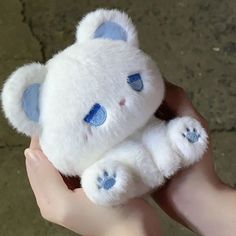 a white teddy bear with blue eyes held in someone's hand on the ground