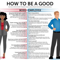 a man and woman standing next to each other with the words how to be a good boss