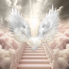 an angel wings is on top of a stairway in the sky with clouds and sun rays