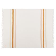 an orange and white striped rug with fringes on the bottom, in front of a white background