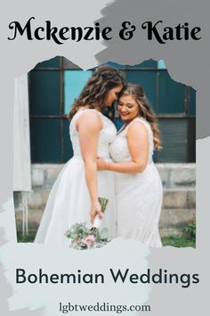 two women in wedding dresses standing next to each other with the words bohemian weddings on them