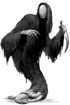 a black and white drawing of a person dressed as a grimy monster holding a knife