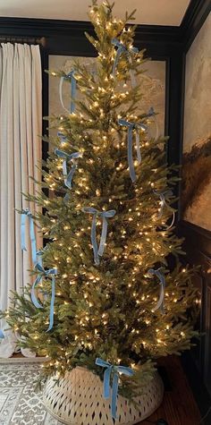 a decorated christmas tree with blue ribbon and lights