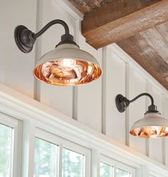 three lights hanging from the ceiling in a kitchen