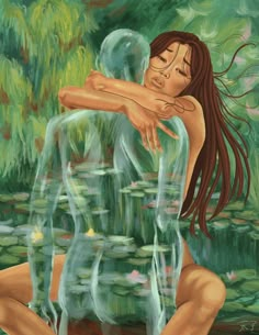 a painting of a woman sitting on the ground next to a body of water with lily pads