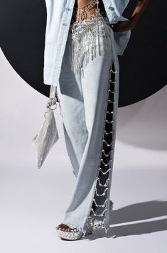 COVERED IN DIAMONDS RELAXED JEANS in light blue denim Split Pattern Jeans, Lace Up Pants Side, Diamond Pattern Jeans, Rhinestone Trim Jeans, Fringe Leg Jeans, Tassel Patchwork Pants, Fringe Rhinestone Jeans, Rim Stone Jeans, Lace Up Waist Jeans