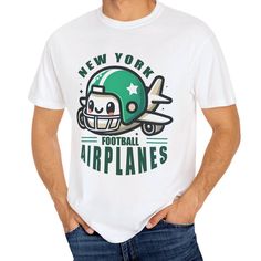 a man wearing a new york football helmet t - shirt with his hands in his pockets