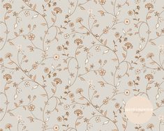 a floral wallpaper pattern with brown and white flowers on a light gray background,