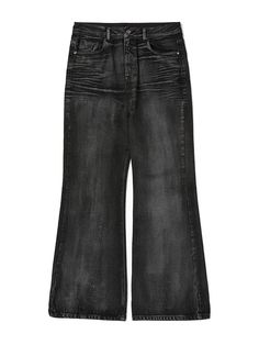 This is a comfortable and casual denim pants that is made out of sturdy cotton 100% denim fabric. With a trendy and young design with minimal details and wide flare silhouette and unique vintage tone achieved through coating process, it gives a comfortable and casual look. - Coating washed detail- Baggy flare silhouette- Logo leather patch on the back waistband Flared Baggy Jeans, Flared Jeans With Five Pockets For Streetwear, Urban Faded Flare Jeans With Five Pockets, Washed Black Cotton Flare Jeans, Dark Wash Wide-leg Flare Jeans For Streetwear, Faded Flare Jeans With Five Pockets, Wide Leg Washed Black Bottoms, Urban Style High Rise Washed Flare Jeans, Urban High Rise Washed Flare Jeans