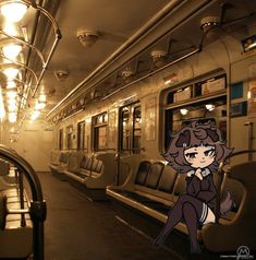 the interior of a subway car with an anime character sitting on the seat next to it