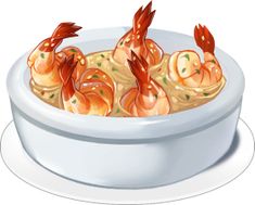 a white bowl filled with shrimp and noodles