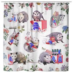 a shower curtain with an image of various animals on it, including hedges and toothpaste