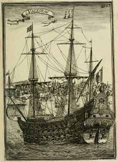 an old drawing of a ship in the water with other ships and people around it