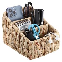 a wicker basket with various items in it