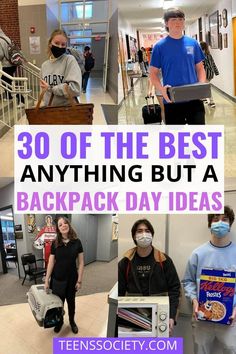 Funny ideas for anything but a backpack day in high school High School Ideas Events, No Bag Day Idea, Fun High School Events, Anything But Backpack Day Ideas, Anything But A Bag Day Ideas For School