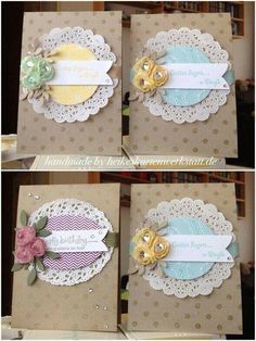 four pictures of different cards with doily and paper flowers on them, each one has a name tag