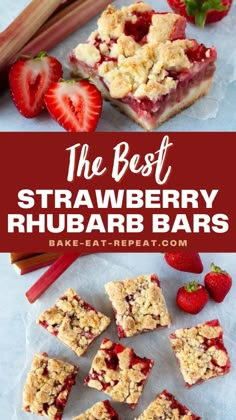 strawberry rhubarb bars with strawberries on top