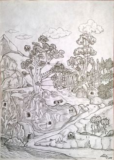 A natural habitat which shows a vegetation nearby mountains where there is a tree hut, giant trees, cave window mountain ridges, a river below and a beautiful village behind the scene which is an unknown place. Tree Support, Giant Tree, Behind The Scene, Tree Hut, Beautiful Villages, A Tree, Habitat