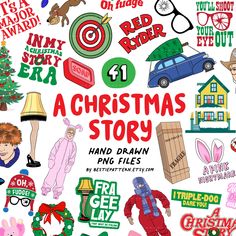 the cover of a christmas story book with many different items and symbols on it's cover