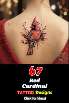 the back of a woman's neck with red cardinal tattoo designs on it