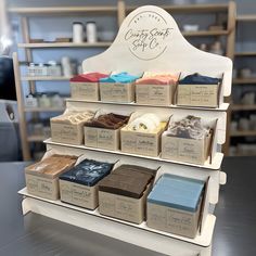 a display case filled with lots of different types of soaps