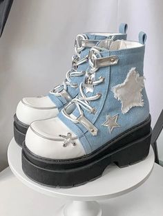 Star Appliques Punk Blue Denim Platform Ankle Boots Blue Punk Outfits, Blue Goth Aesthetic, Goth Fits, Jean Shoes, Kawaii Sweatshirt, Gothic Bag, Goth Shoes, Punk Shoes, Transfer Student