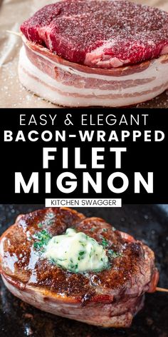 an image of bacon wrapped in cheese on top of a pan with the words easy and elegant