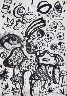 a black and white drawing of an eye surrounded by other doodles on paper