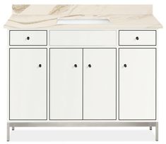 a white cabinet with two drawers and a sink on the top, against a white background