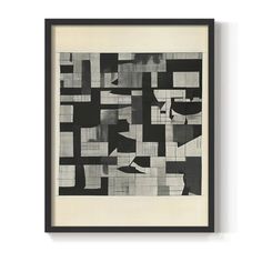 an abstract black and white painting hanging on a wall