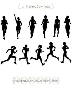 silhouettes of people running and jogging in different poses, with the text v - instant download