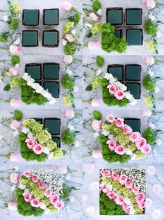 flowers are arranged on top of chocolate bars and placed in the shape of squares to make them look like they were made out of chocolates