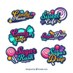 colorful candy stickers with the words sweet cafe and sugar rush written in different languages