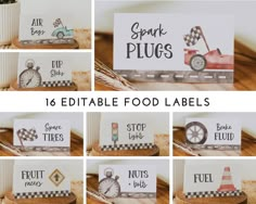 eight different pictures of food labels with words on them