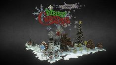 an animated christmas scene with trees, snowflakes and santa's sleigh