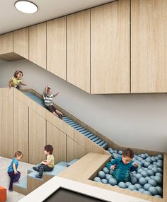 children are playing on the stairs in an indoor play area