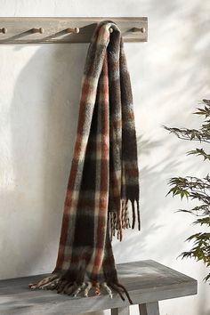 The perfect winter warmer or holiday gift, this cozy scarf features a large-scale plaid pattern and fringe trim. | Plaid Blanket Scarf, Rose in Pink at Terrain Plaid Blanket Scarf, Anthropologie Accessories, Cozy Scarf, Plaid Blanket, Bandana Scarf, Winter Warmers, Unisex Accessories, Blanket Scarf, Fringe Trim