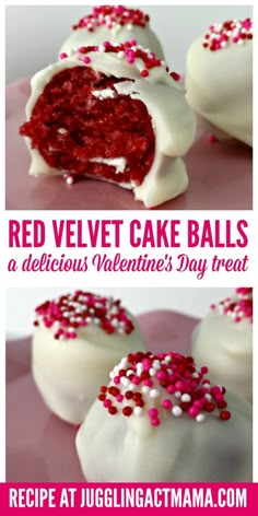 red velvet cake balls with white frosting and sprinkles on the inside