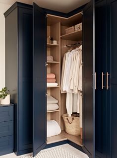 an open closet with clothes in it and a rug on the floor next to it