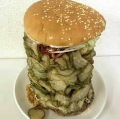 a large hamburger sitting on top of a white plate