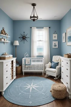 a baby's room with blue walls, white furniture and a star rug on the floor