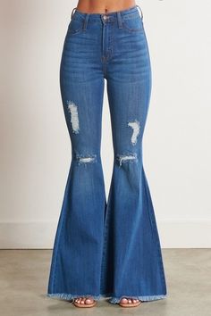 Jeans  Carson Distressed Flares from Vibrant MIU Edgy Jeans, Rush Dresses, Bodycon Fashion, Complete Outfits, Bell Bottom, High Rise Jeans, Premium Denim, Denim Fabric, Look Cool