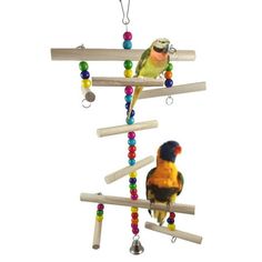 a bird sitting on top of a wooden perch with beads hanging from it's sides