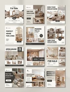 a set of brochures with an image of kitchen and living room